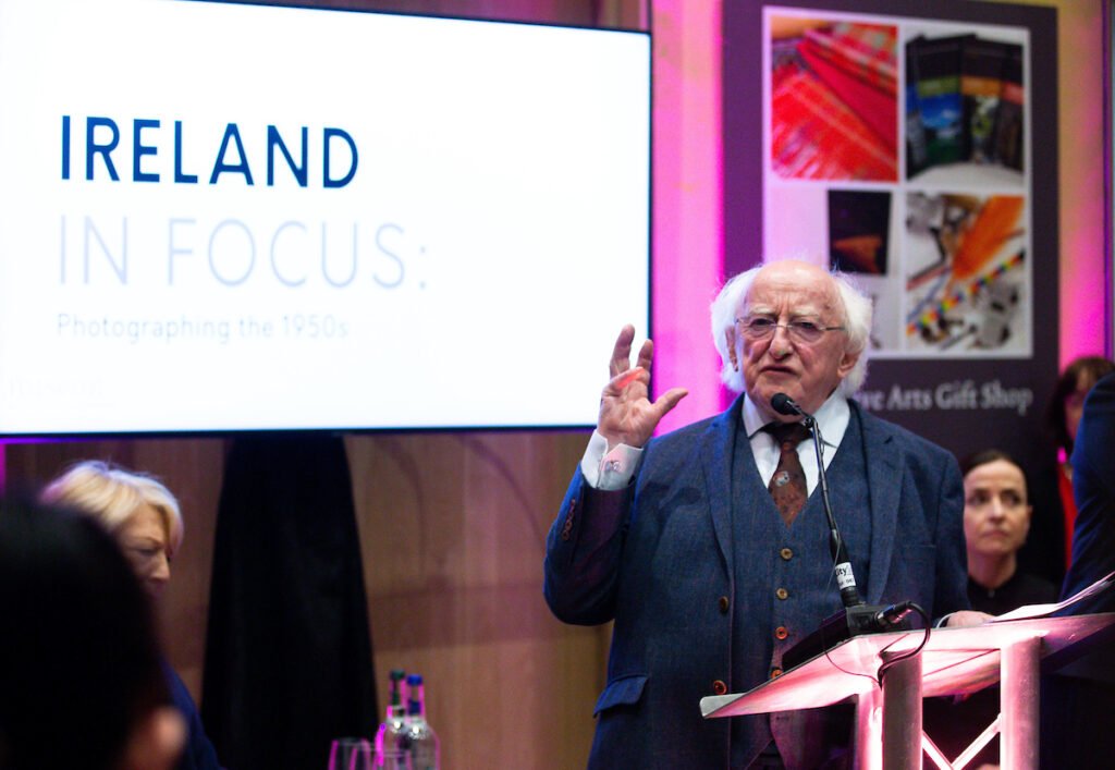 Michael D. Higgins talking, historical photos of Ireland 