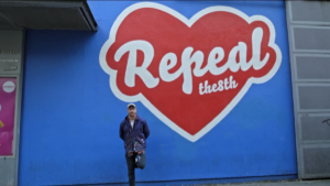 Maser's with 'Repeal The 8th' mural on the walls of the Project Arts Centre, located on East Essex Street. 